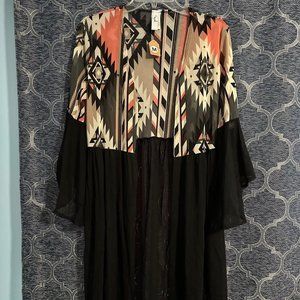 Hayzel women's medium NWT black sheer coral aztec pattern kimono bell sleeve
